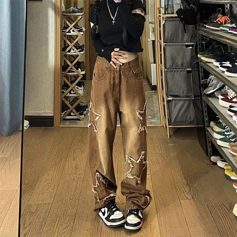 High Street Five-Point Star Embroidered Wide Leg Jeans