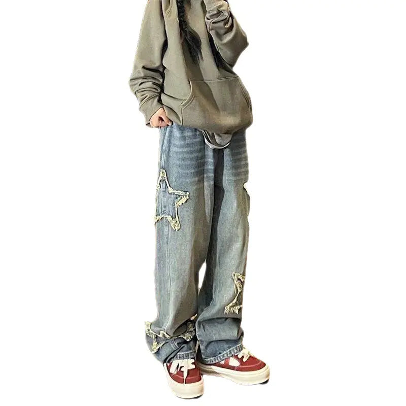 High Street Five-Point Star Embroidered Wide Leg Jeans