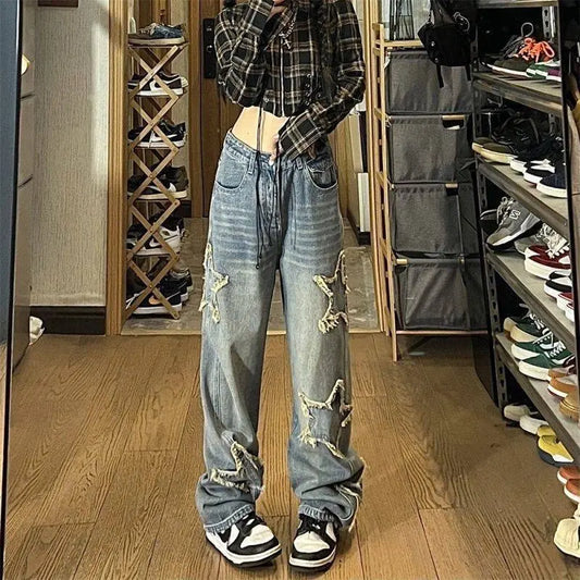 High Street Five-Point Star Embroidered Wide Leg Jeans